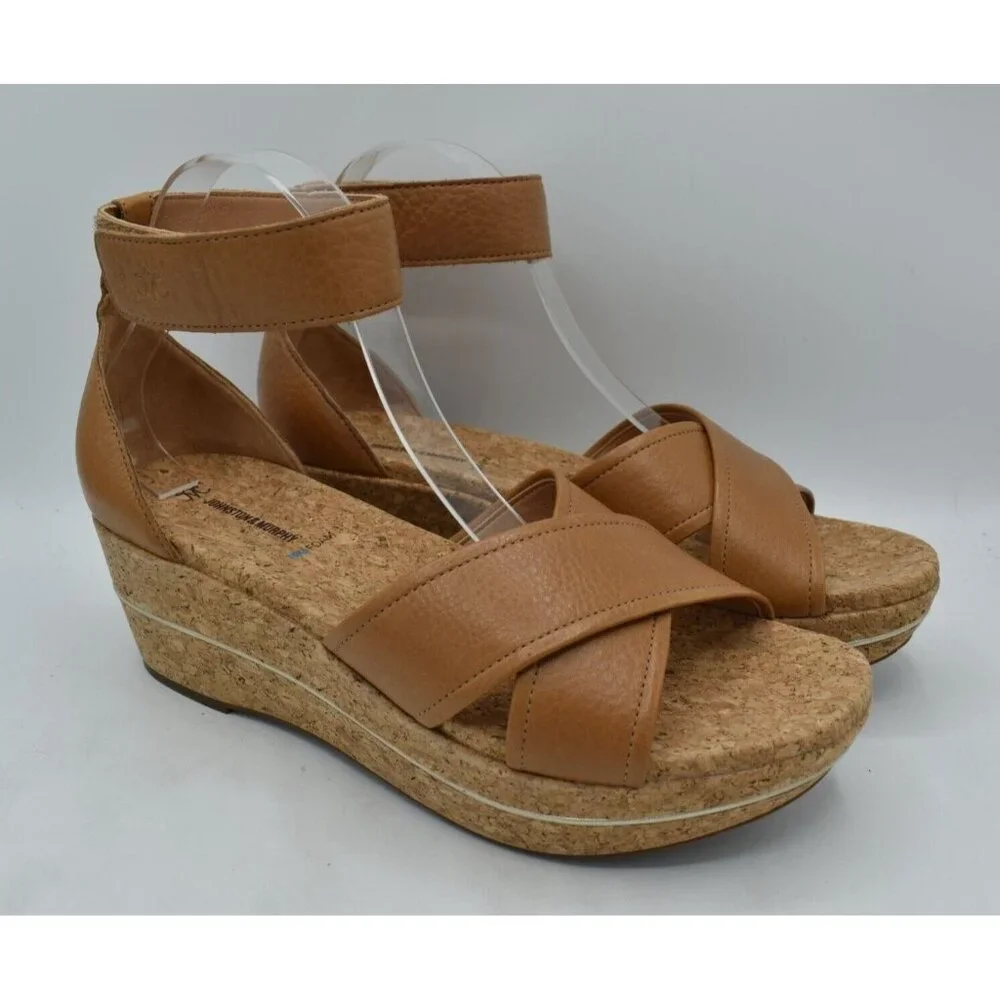 Johnston & Murphy Womens Size 9.5 Gigi Cross Band Tan Leather‎ Platform Sandals